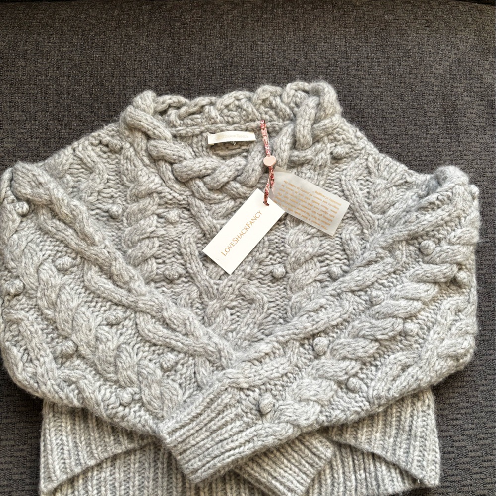 LoveShackFancy Gray Cable Knit Turtleneck Sweater
